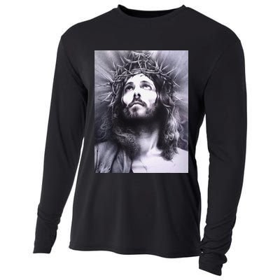 Image Face Of Jesus On A Cross With Crown Of Thorns Cooling Performance Long Sleeve Crew