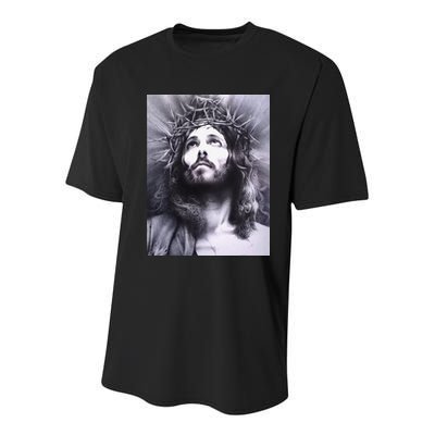 Image Face Of Jesus On A Cross With Crown Of Thorns Youth Performance Sprint T-Shirt