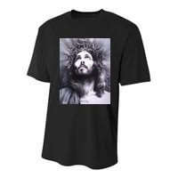 Image Face Of Jesus On A Cross With Crown Of Thorns Youth Performance Sprint T-Shirt