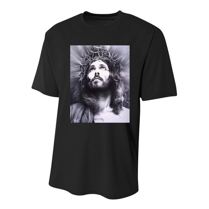 Image Face Of Jesus On A Cross With Crown Of Thorns Youth Performance Sprint T-Shirt