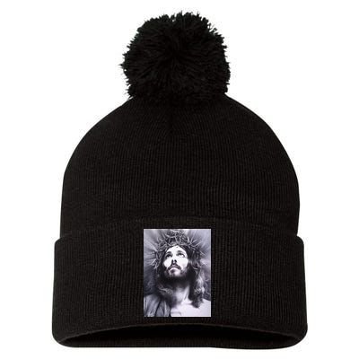 Image Face Of Jesus On A Cross With Crown Of Thorns Pom Pom 12in Knit Beanie