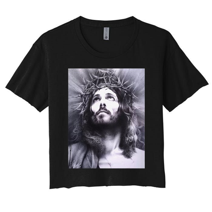Image Face Of Jesus On A Cross With Crown Of Thorns Crop Top