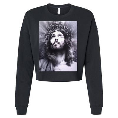 Image Face Of Jesus On A Cross With Crown Of Thorns Cropped Pullover Crew