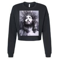 Image Face Of Jesus On A Cross With Crown Of Thorns Cropped Pullover Crew