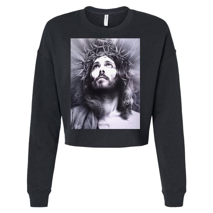 Image Face Of Jesus On A Cross With Crown Of Thorns Cropped Pullover Crew