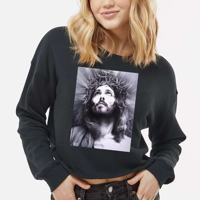 Image Face Of Jesus On A Cross With Crown Of Thorns Cropped Pullover Crew