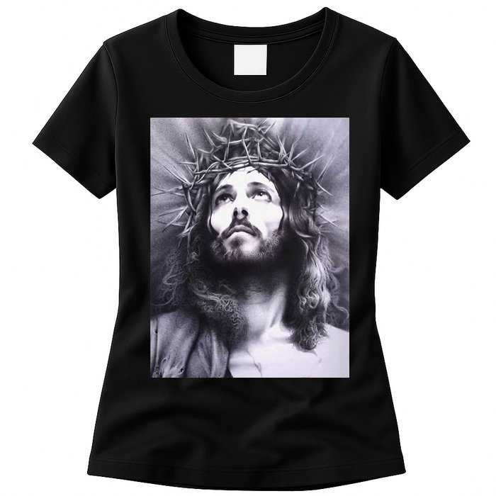 Image Face Of Jesus On A Cross With Crown Of Thorns Womens T-Shirt