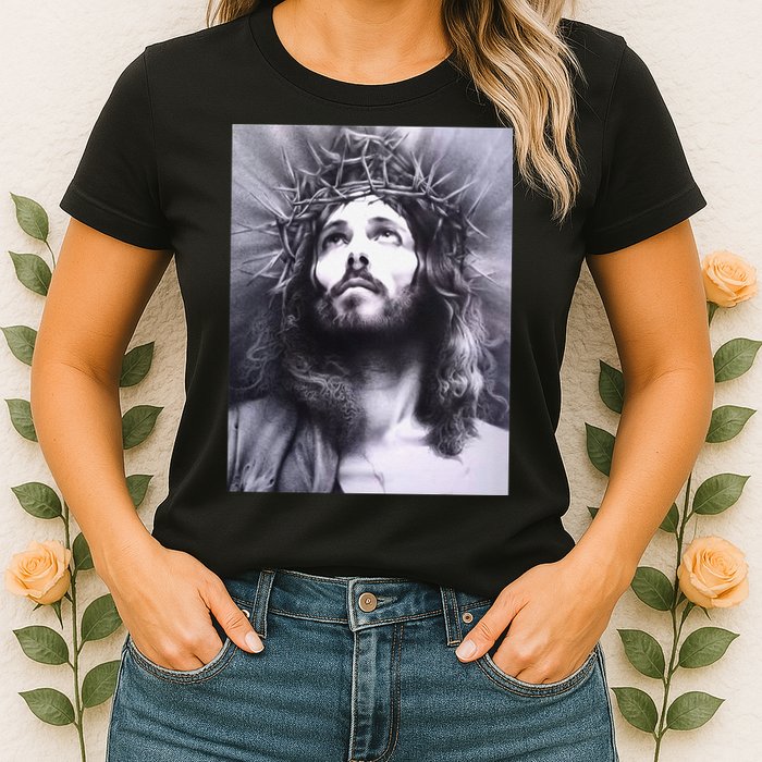 Image Face Of Jesus On A Cross With Crown Of Thorns Womens T-Shirt
