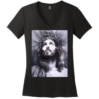 Image Face Of Jesus On A Cross With Crown Of Thorns Women's V-Neck T-Shirt