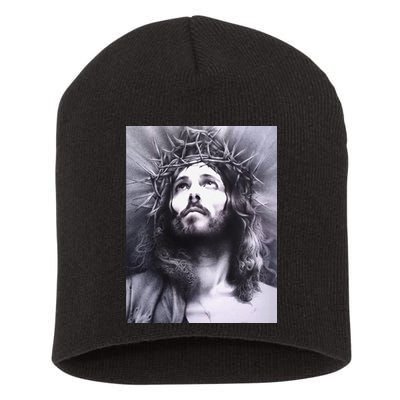 Image Face Of Jesus On A Cross With Crown Of Thorns Short Acrylic Beanie
