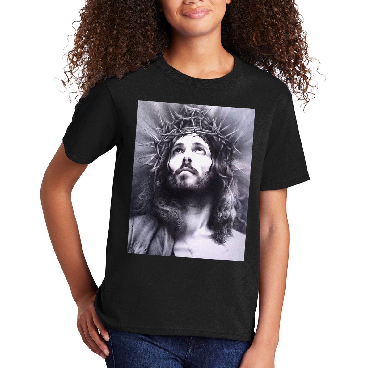 Image Face Of Jesus On A Cross With Crown Of Thorns Kids T-Shirt