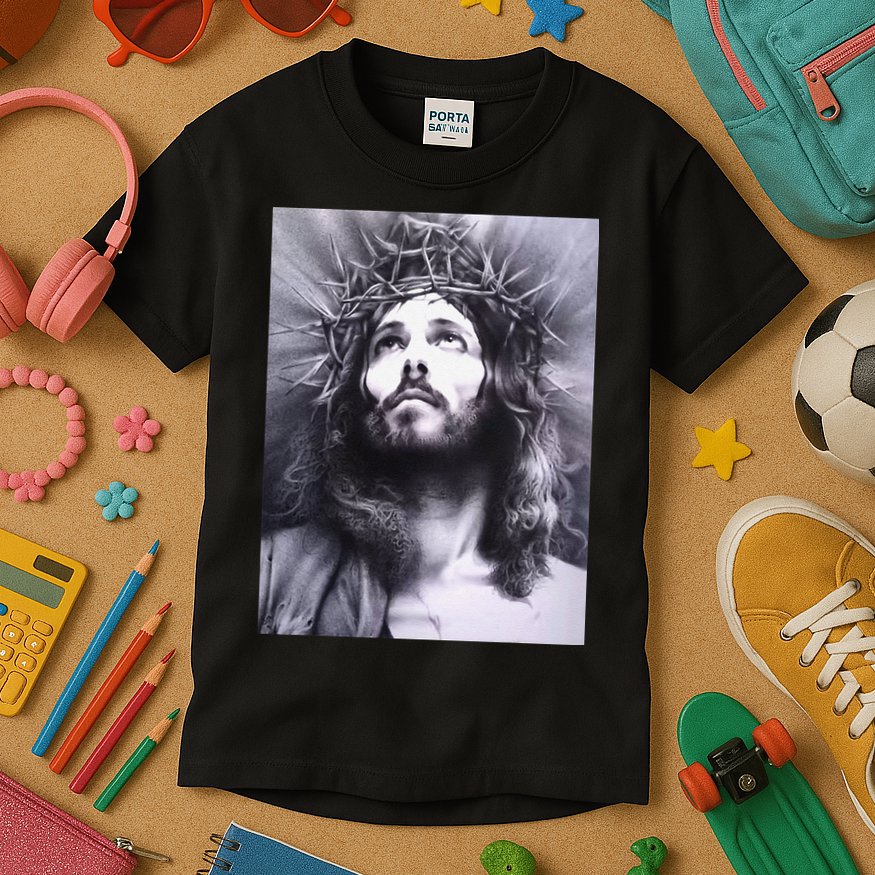 Image Face Of Jesus On A Cross With Crown Of Thorns Kids T-Shirt