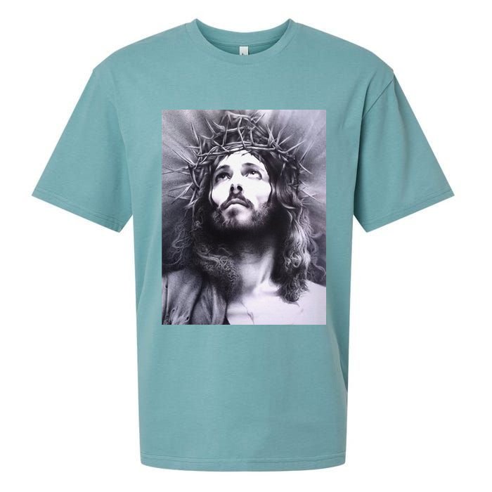 Image Face Of Jesus On A Cross With Crown Of Thorns Sueded Cloud Jersey T-Shirt