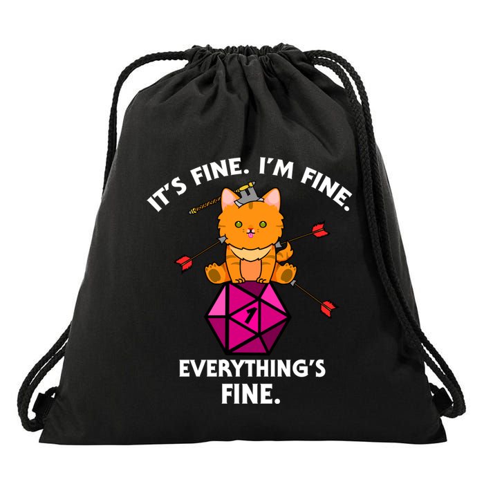 ItS Fine Rpg Gamer Cat D20 Dice Fail Funny Nerdy Geek Drawstring Bag