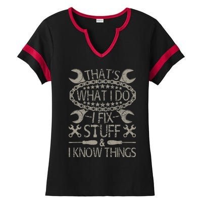 I Fix Stuff And Know Things Funny Car Guy Retro Dad Mechanic Ladies Halftime Notch Neck Tee