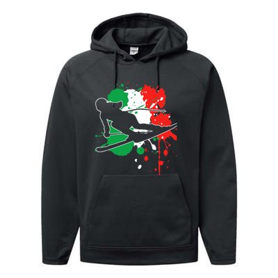 Italy Flag Skier Italian Alpine Skiing Performance Fleece Hoodie