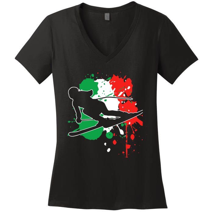 Italy Flag Skier Italian Alpine Skiing Women's V-Neck T-Shirt