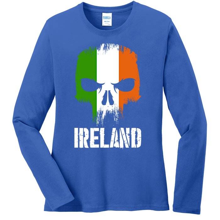 Ireland Flag Skull Irish Pride Patriotic Funny Gift Ladies Long Sleeve Shirt