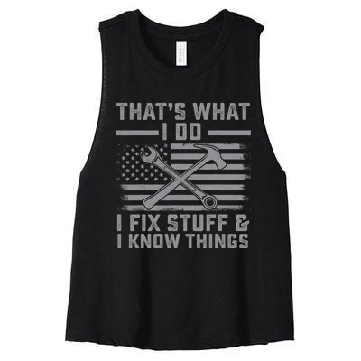 I Fix Stuff And I Know Things US Flag 4th of July Patriot Women's Racerback Cropped Tank