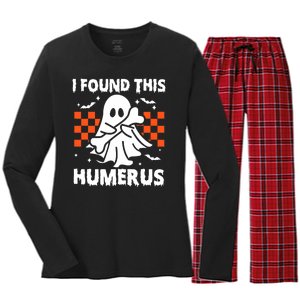 I Found This Humerus Funny Halloween Ghost Skeleton Women's Long Sleeve Flannel Pajama Set 