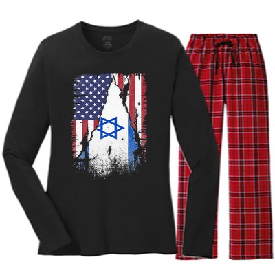 Israeli Flag Vintage Israel USA Flag Women's Long Sleeve Flannel Pajama Set 