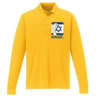 Israeli Flag Vintage Israel Performance Long Sleeve Polo