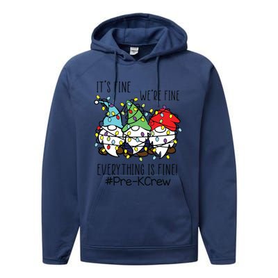 Its Fine Were Fine Gnome Prek Teacher Christmas Light Performance Fleece Hoodie