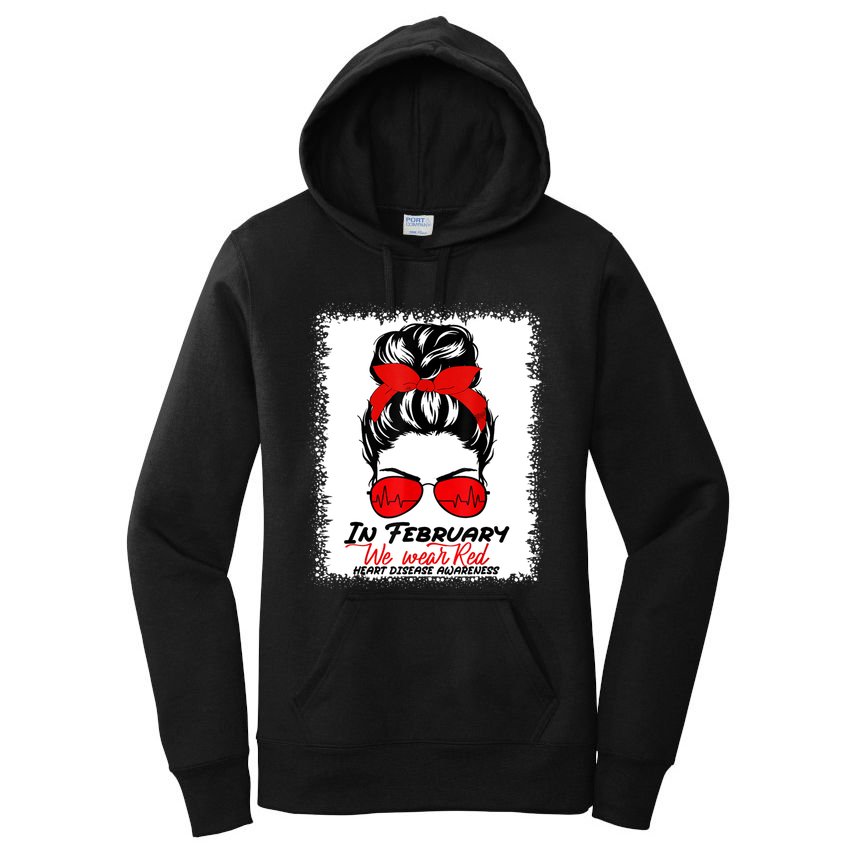 In February We Wear Red Messy Bun Heart Disease Awareness Women's Pullover Hoodie