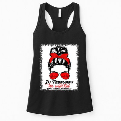 In February We Wear Red Messy Bun Heart Disease Awareness Womens Tank Top