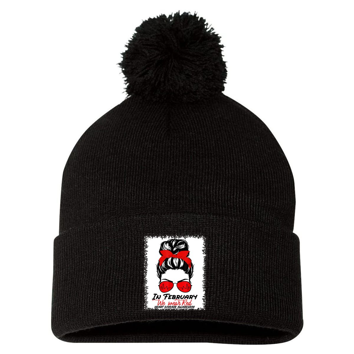 In February We Wear Red Messy Bun Heart Disease Awareness Pom Pom 12in Knit Beanie