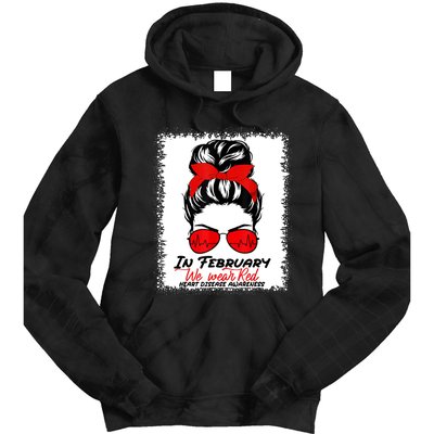 In February We Wear Red Messy Bun Heart Disease Awareness Tie Dye Hoodie