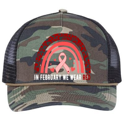 In February We Wear Red Heart Disease Awareness Month Meaningful Gift Retro Rope Trucker Hat Cap