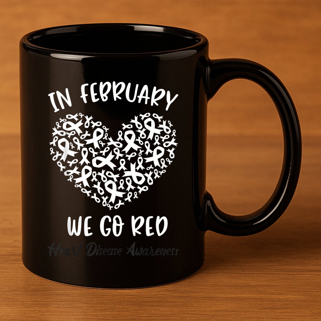 In February We Go Red For Heart Disease Awareness Hearts 11oz C Handle Ceramic Mug