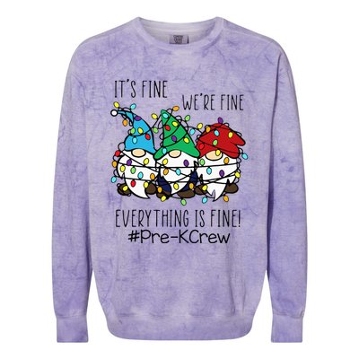 It's Fine We're Fine Gnome PreK Teacher Christmas Light Colorblast Crewneck Sweatshirt