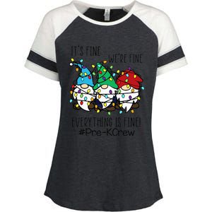 It's Fine We're Fine Gnome PreK Teacher Christmas Light Enza Ladies Jersey Colorblock Tee