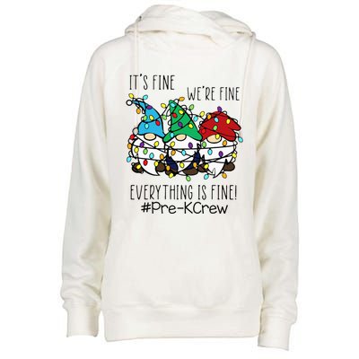 It's Fine We're Fine Gnome PreK Teacher Christmas Light Womens Funnel Neck Pullover Hood