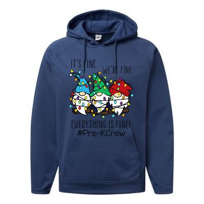 It's Fine We're Fine Gnome PreK Teacher Christmas Light Performance Fleece Hoodie