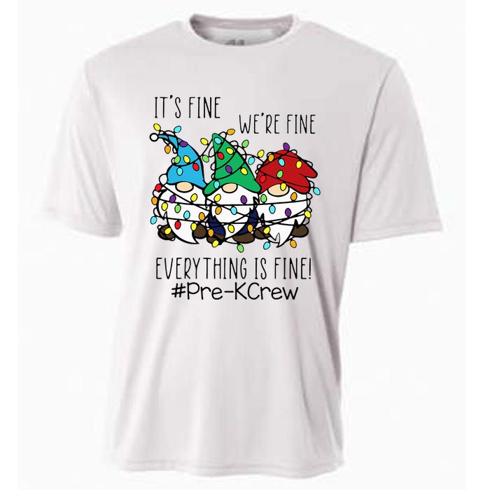 It's Fine We're Fine Gnome PreK Teacher Christmas Light Cooling Performance Crew T-Shirt