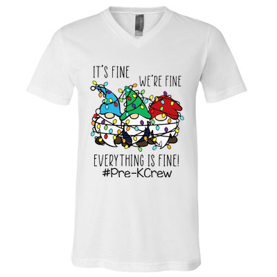 It's Fine We're Fine Gnome PreK Teacher Christmas Light V-Neck T-Shirt