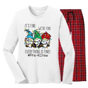 It's Fine We're Fine Gnome PreK Teacher Christmas Light Women's Long Sleeve Flannel Pajama Set 