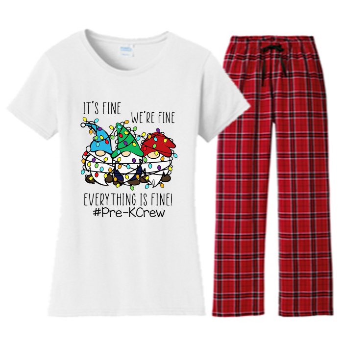 It's Fine We're Fine Gnome PreK Teacher Christmas Light Women's Flannel Pajama Set