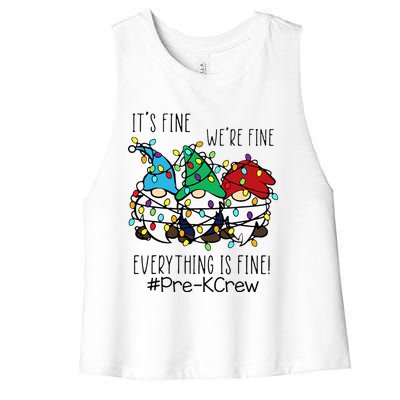 It's Fine We're Fine Gnome PreK Teacher Christmas Light Women's Racerback Cropped Tank