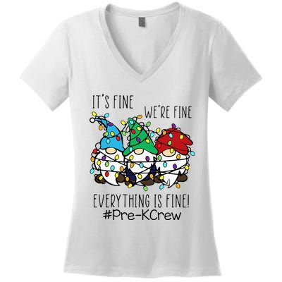 It's Fine We're Fine Gnome PreK Teacher Christmas Light Women's V-Neck T-Shirt