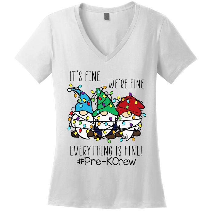 It's Fine We're Fine Gnome PreK Teacher Christmas Light Women's V-Neck T-Shirt