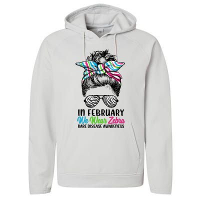 In February We Wear Zebra Messy Bun Rare Disease Awareness Performance Fleece Hoodie