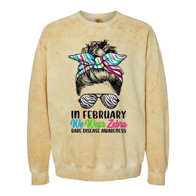 In February We Wear Zebra Messy Bun Rare Disease Awareness Colorblast Crewneck Sweatshirt