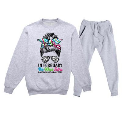 In February We Wear Zebra Messy Bun Rare Disease Awareness Premium Crewneck Sweatsuit Set