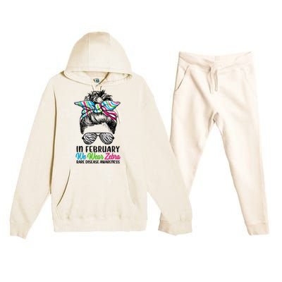 In February We Wear Zebra Messy Bun Rare Disease Awareness Premium Hooded Sweatsuit Set