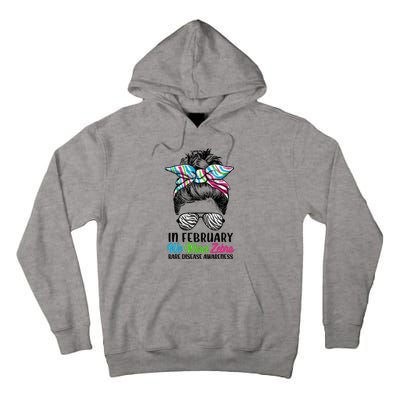 In February We Wear Zebra Messy Bun Rare Disease Awareness Tall Hoodie