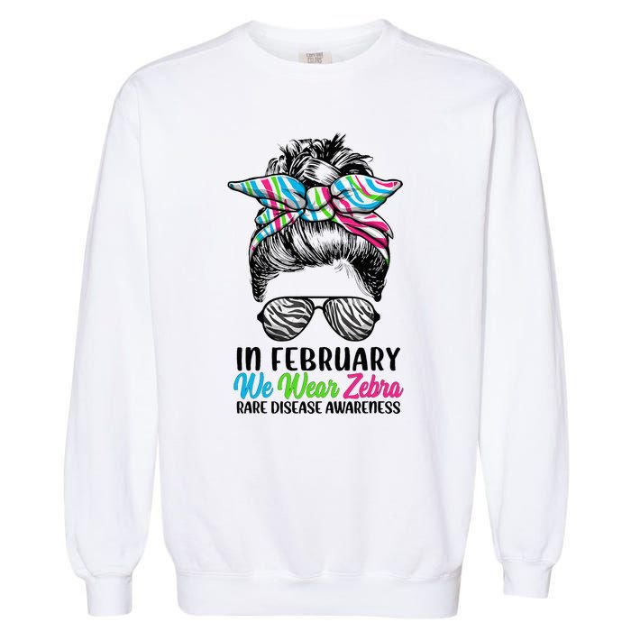 In February We Wear Zebra Messy Bun Rare Disease Awareness Garment-Dyed Sweatshirt